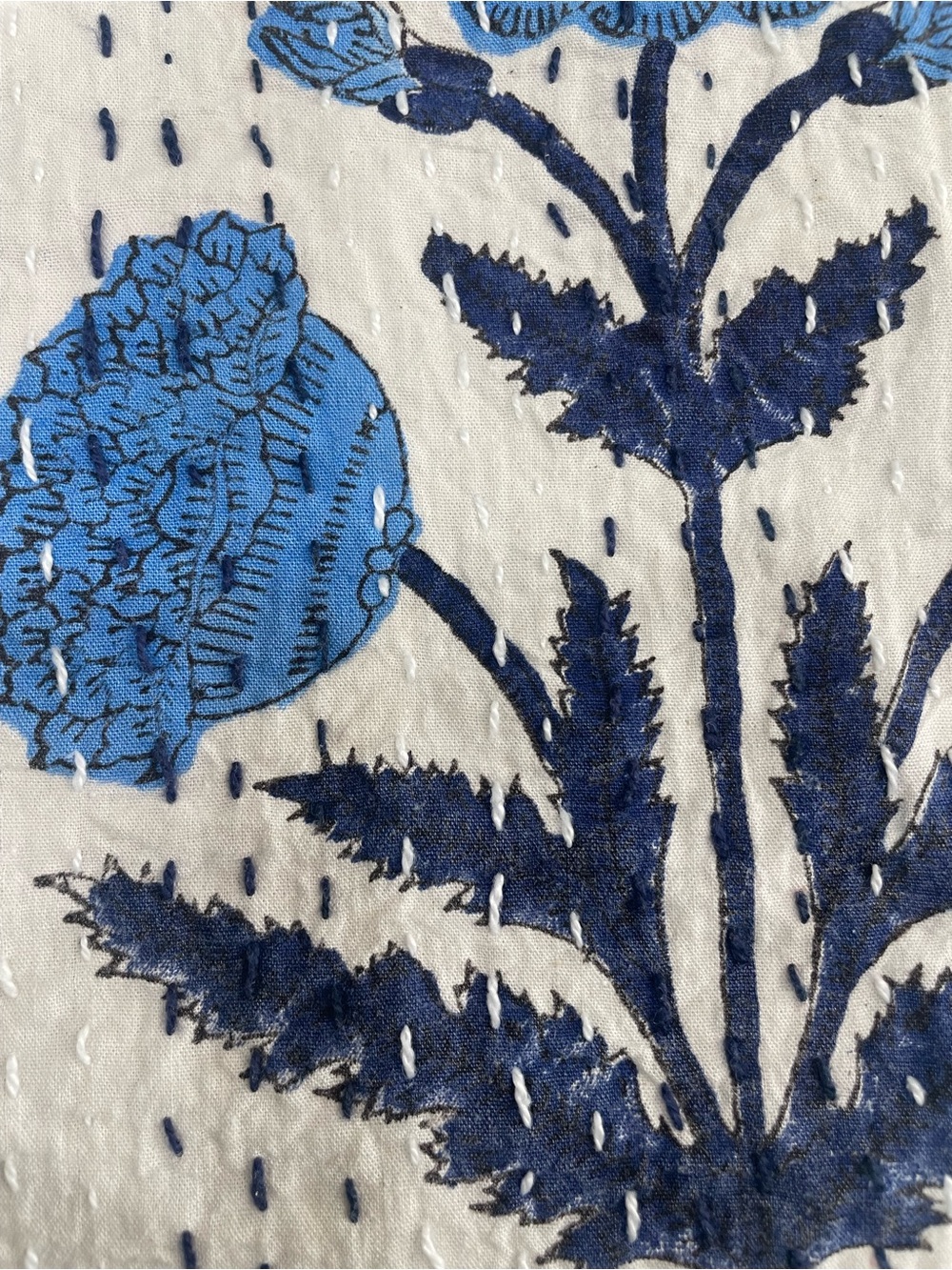 Kantha Queen Size Blue/White Floral hand stitched 90 X 108